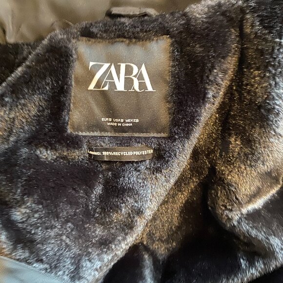 ZARA Black Warm Winter Jacket Faux Fur Removeable Hood Size S - Picture 5 of 7